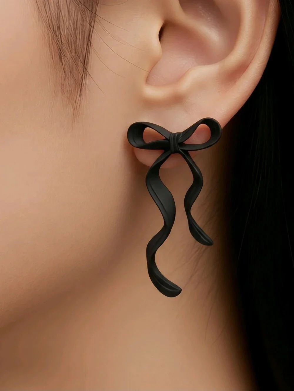 Matte Black Bow Drop Earrings 🎀 Long Statement Ribbon Studs Dark Coquette Goth